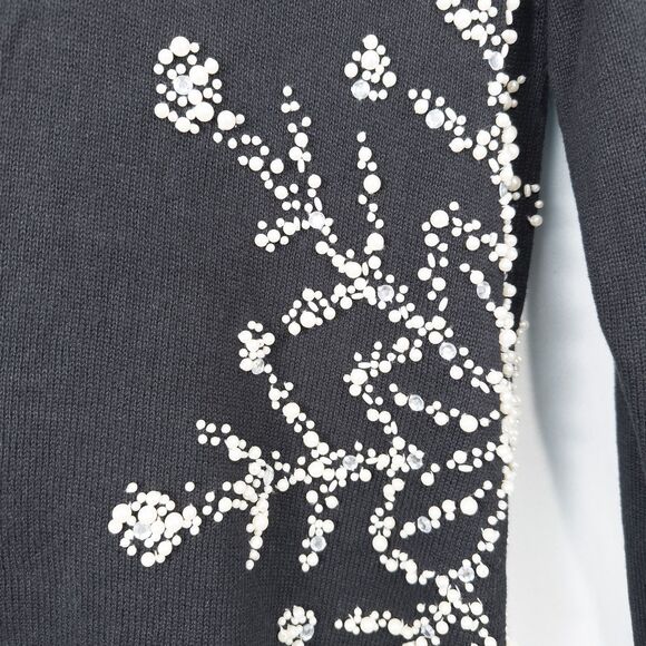 Quacker Factory Pearl Snowflake V Neck Sweater Womens Medium Black Ramie Cotton - Picture 8 of 16